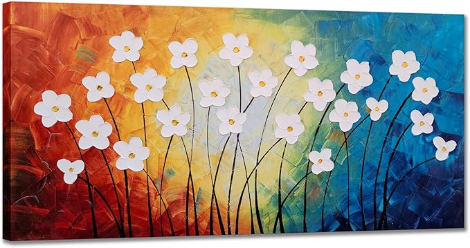 Yihui Arts Hand Painted Textured Flower Oil Painting on Canvas - Colorful Abstract White Floral Artwork for Home Decor, Modern Wall Art for Living Room, Bedroom, Office