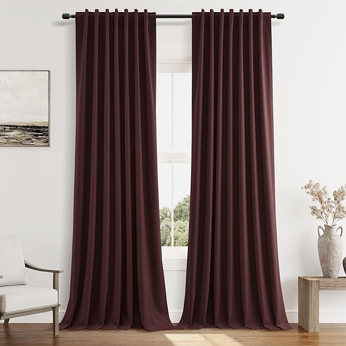 Guken 100% Blackout Curtains 120 Inch Length 2 Panels Set for Living Room Bedroom Back Tab Thermal Insulated Black Out Linen Drapes Room Darkening Reddish Brown,52x120