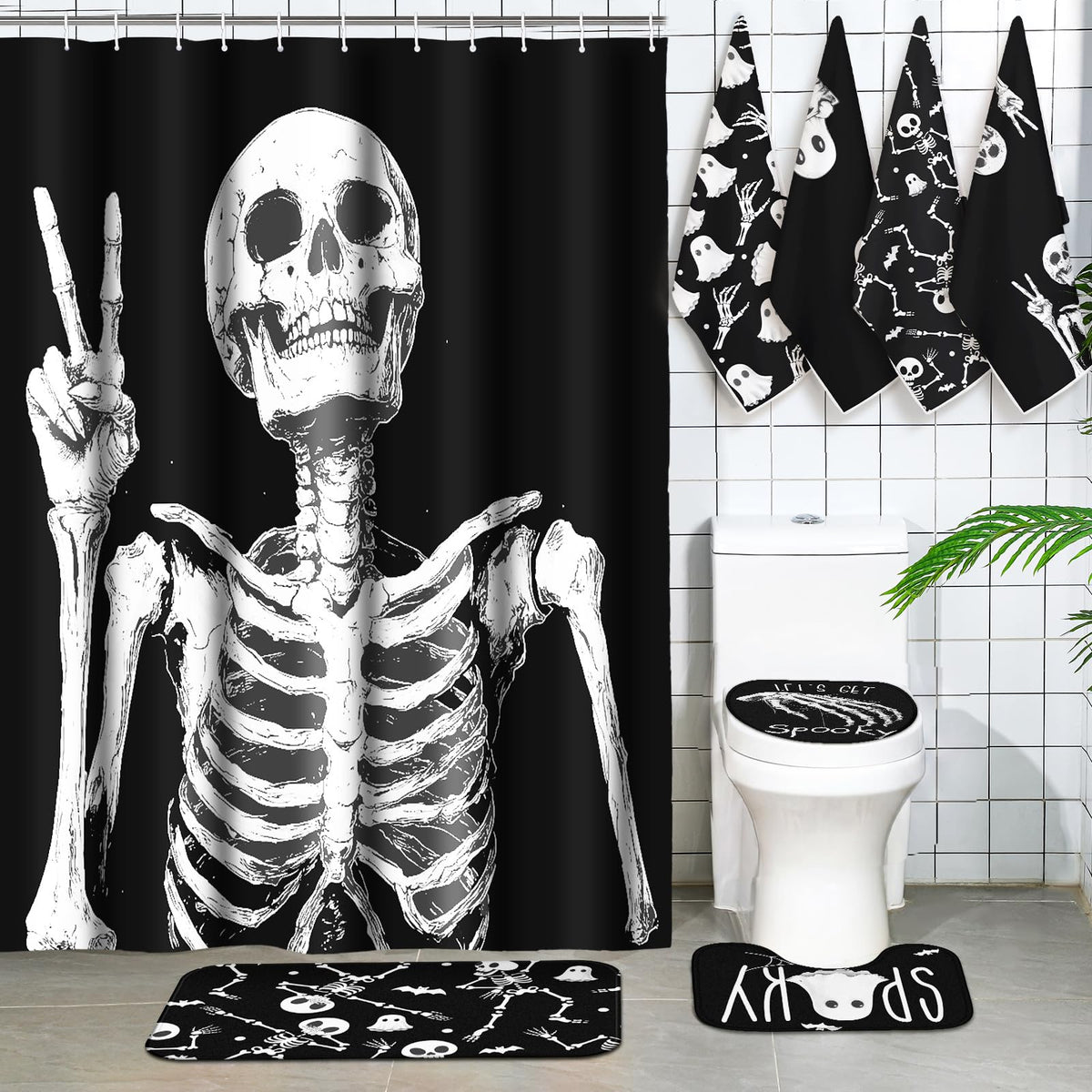 Honoson 8 Pcs Halloween Skeleton Bathroom Shower Curtain Set with Rugs, Skull Bath Decor with Non-Slip Floor Mat, Toilet Lid Cover, Ghost Bat Towels, Spooky Black White Bathroom Decor for Home