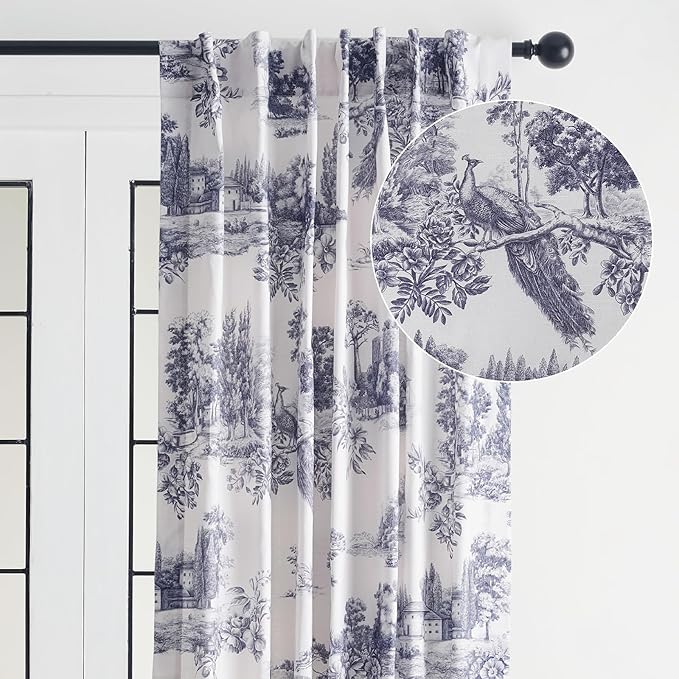 Maison d' Hermine Curtains for Living Room 100% Cotton 84 inch Length One Panel Light Filtering Toile Curtains for Bedroom Windows with Rod and Loop Pockets Drapes (Trianon Blue, 50" W x 84" L)