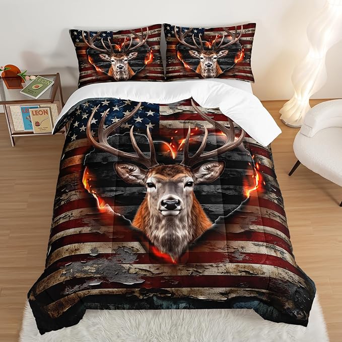 Deer Bedding Sets for Kids Boys Girls Room Decor,Hunting Themed American Flag Bedding Comforter Sets,Western Comforter Sets Camo King Bedding Set with 2 Pillowcases.