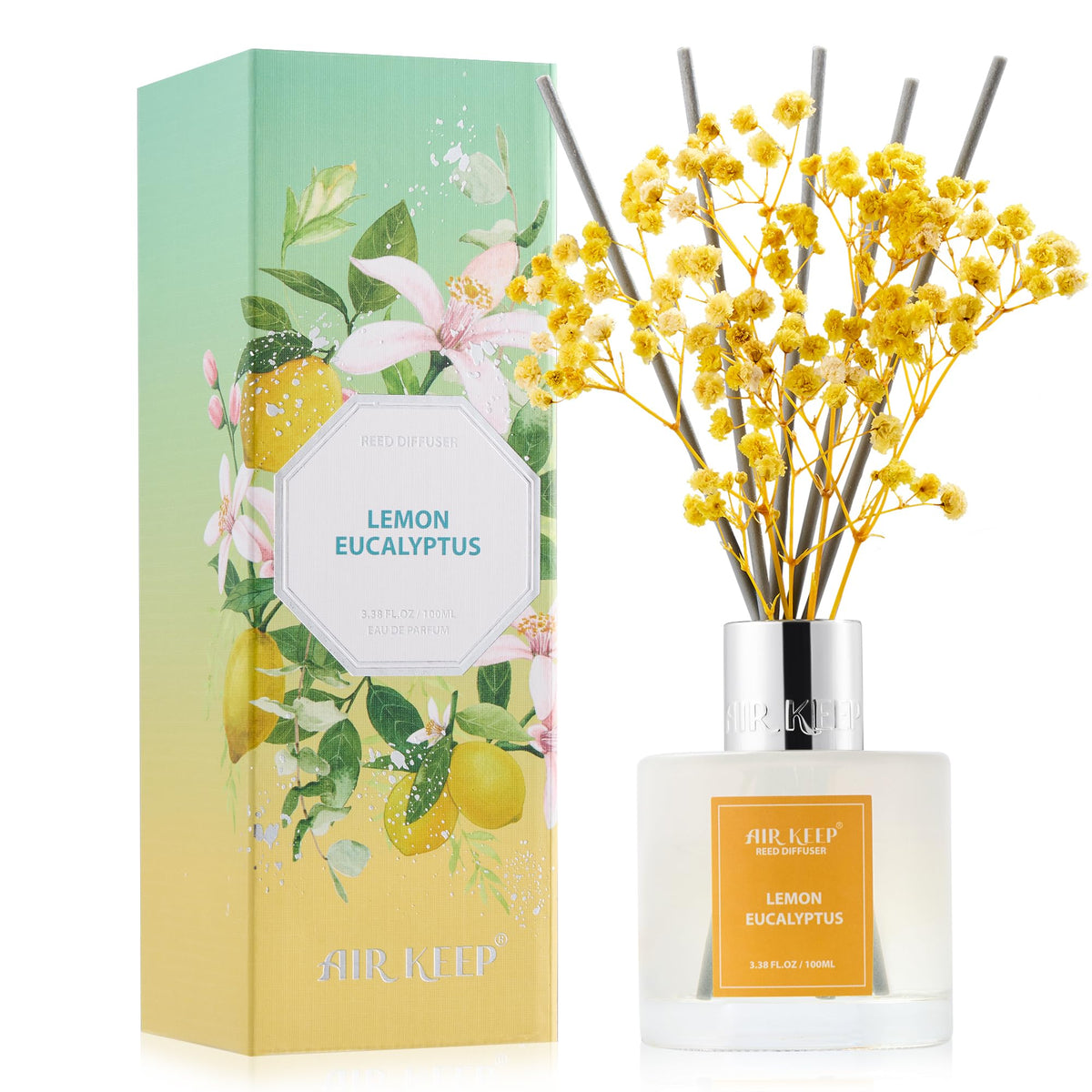 Airkeep Reed Diffuser Set,3.38 fl oz (100 ml) - Lemon Eucalyptus Oil Diffusers with 8 Reed Sticks, Home Fragrance Reed Diffuser for Bathroom Shelf Decor