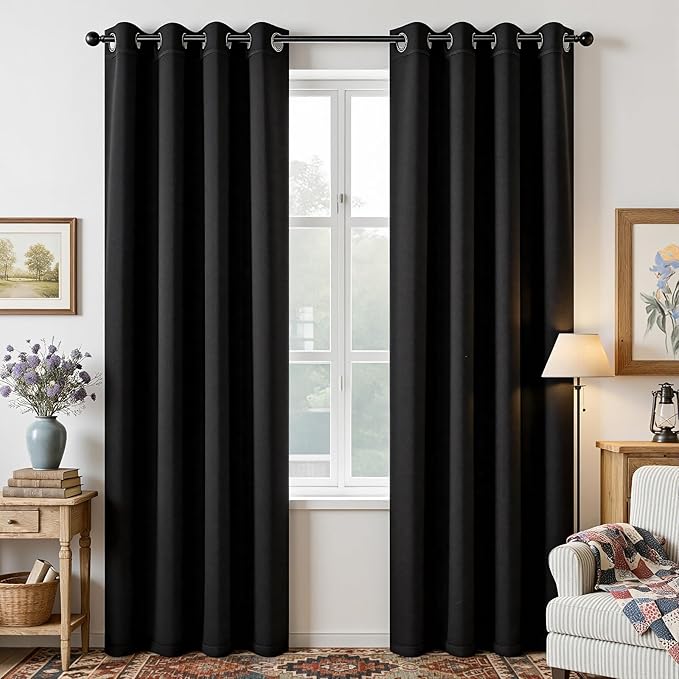 Joydeco Blackout Curtains 90 Inches Long, Black Curtains 2 Panels Set Thermal Insulated Drapes, Room Darkening Grommet Drapes for Living Room Bedroom Window (W52 x L90 Inch, Black)