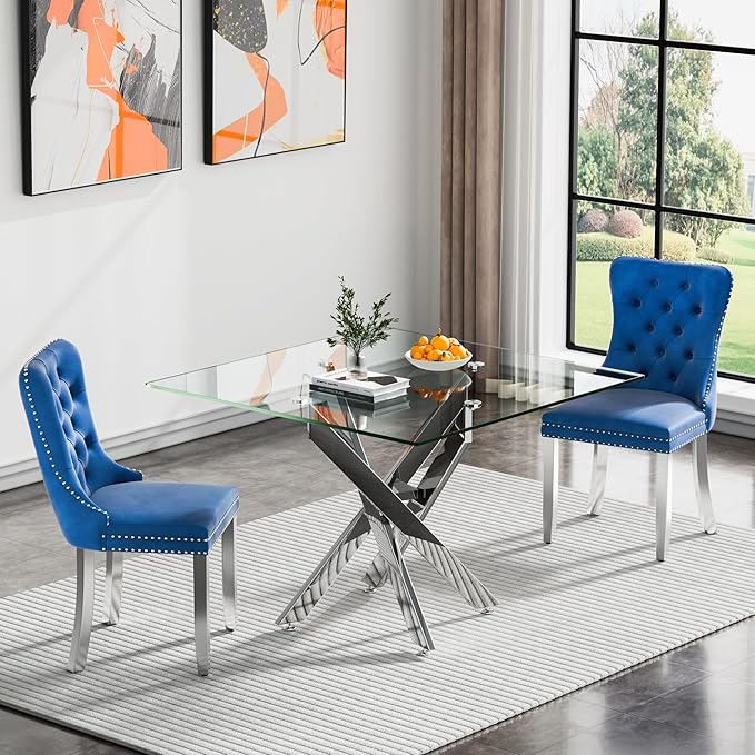 Glass Dining Table Set for 2, Square 36" Dining Table with Silver Cross Metal Leg, 2 Blue Velvet Dining Chairs with Stainless Steel Legs, Modern Glass Kitchen Table and Chairs Set for Small Space