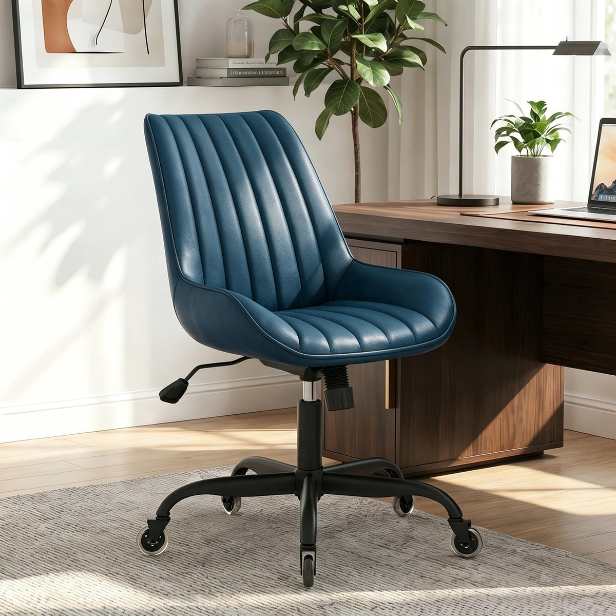 RESTACORIN Armless Office Chair, Mid Back Modern Desk Chair with Rubber Wheels, 360 Swivel PU Leather Office Chair No Arms, Adjustable Height Small Computer Chair, Armless Desk Chair for Office, Blue