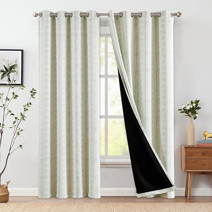 jinchan 95% Blackout Boho Curtains 96 Inch Length for Bedroom Living Room Sage Green on Beige Geometric Printed Grommet Top Room Darkening Thermal Insulated Window Drapes 2 Panels