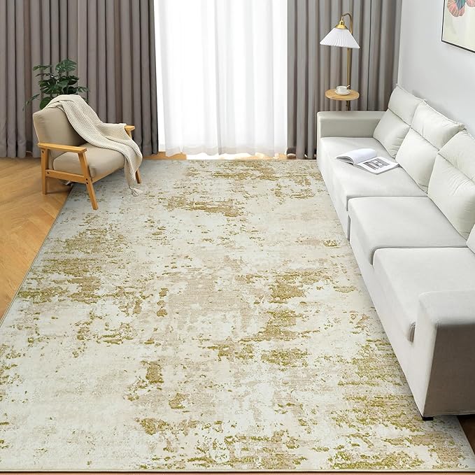 Modern Abstract Area Rug 8x10 Non Slip Non Shedding Rug Low Pile Stain Resistant for Bedroom Living Room,Golden Grey