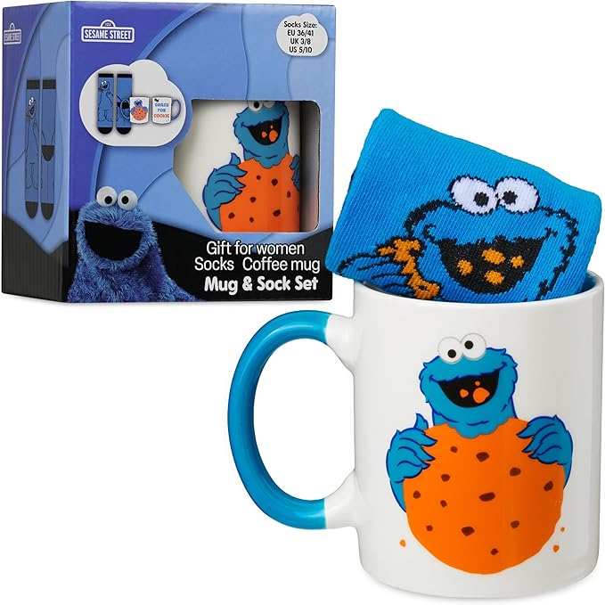 Get Trend Sesame Street Coffee Mug and Socks Set, 11.5 oz Ceramic Cup with Crew Socks, Elmo Drinkware Christmas, Secret Santa Gifts for Women (Multi Cookie Monster)