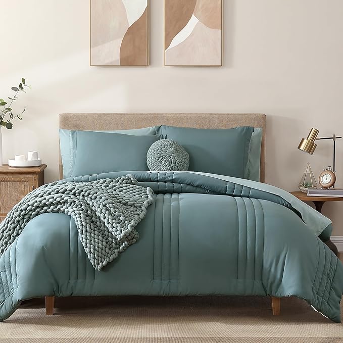 Monbix Full Comforter Set - 7 Pieces Blue Green Bed in a Bag Full Size Bedding Sets with Comforters, All Seasons Comforter with Sheets, Pillowcases & Shams