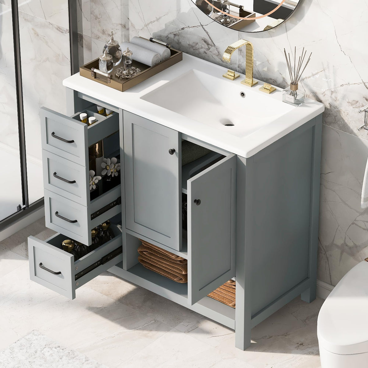 LUMISOL 36 Inch Bathroom Vanity with Ceramic Sink, Solid Wood Bathroom Cabinet with Drawers, 2 Doors & Adjustable Shelf, Freestanding Bathroom Vanity Cabinet with Offset Sink, Grey