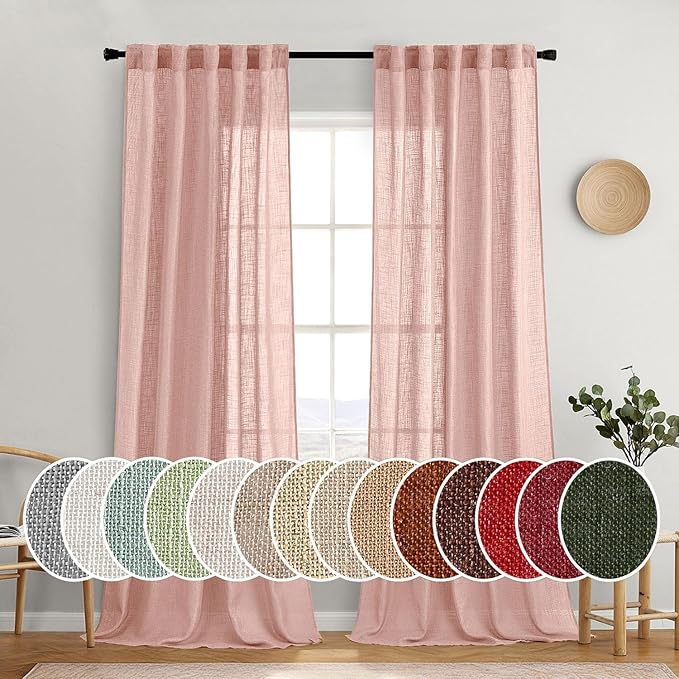 MIULEE Blush Pink Linen Curtains 108 Inches Long 2 Panels for Girls Bedroom Nursery, Soft Thick Linen Textured Window Drapes Semi Sheer Light Filtering Back Tab for Kids Living Room Light Pink Decor