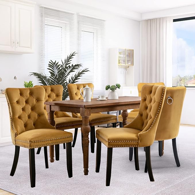 SoarFlash Velvet Dining Chairs Set of 6, Tall Back Side Chair, Modern Upholstered High-end Tufted Side Chair with Button Back Ring, Solid Wood Legs (Gold)
