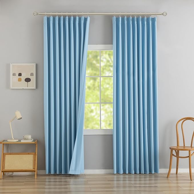 DONREN Light Blue Pinch Pleated Blackout Curtains with Hooks - 102 inch Length Room Darkening Thermal Insulated Window Curtain Panels for Living Room Bedroom 2 Panel 40" Wx102 L