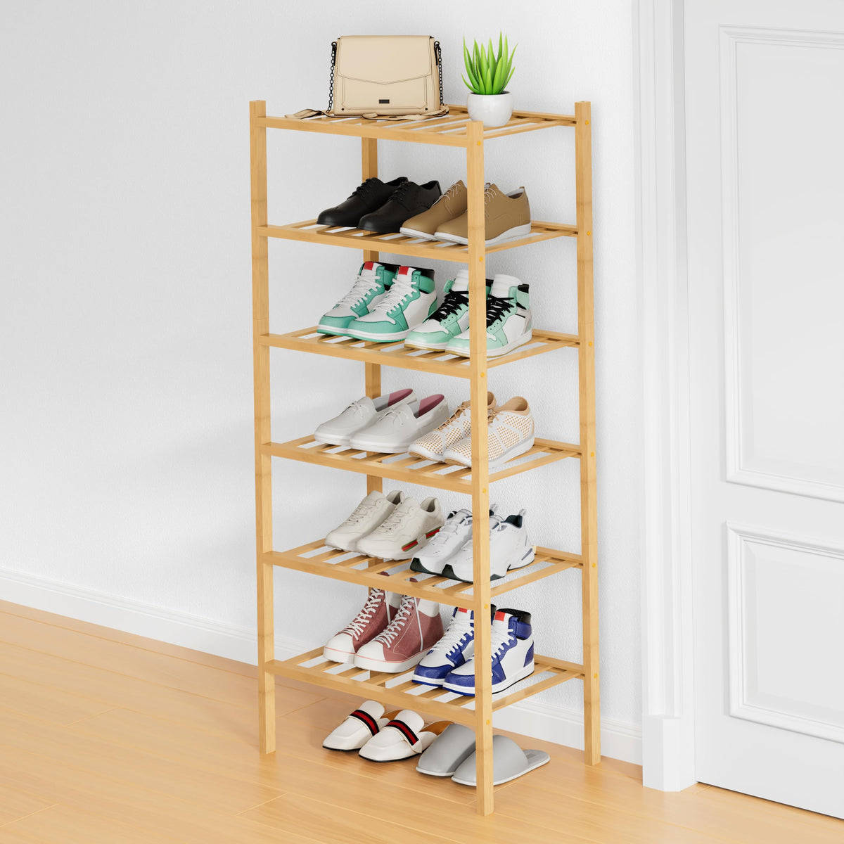 Smiry Bamboo Shoe Rack, 8 Vertical Slats, 6 Tier - 17.3" Wide, Natural