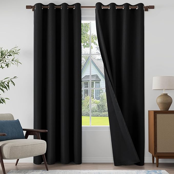 100% Blackout Linen Textured Curtains 84 Inch Length 2 Panels Set for Living Room, Bedroom, Light Weight Curtains with Grommets Top, Full Blackout Curtains Privacy Protection, Black, 52" W x 84" L