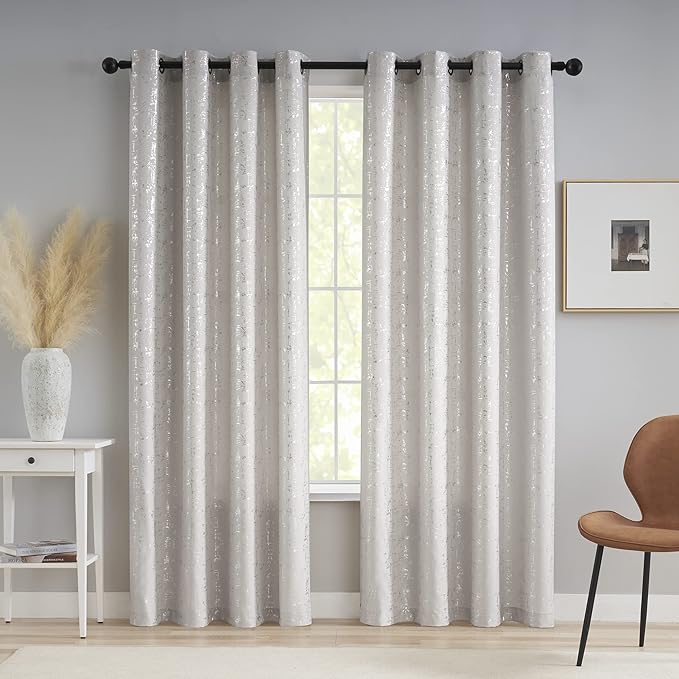 Taisier Home Silver Foil Print Linen Textured Curtains Geometric Dots Pattern Design Curtains for Bedroom Living Room Thermal Insulated Window Treatment 2 Panels 84" L,Beige and Silver Curtain Print