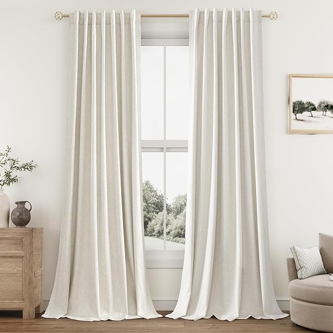 Guken Cream Linen Blackout Curtains 92 Inch Length 2 Panels Set for Living Room Bedroom Back Tab Thermal Insulated 100% Black Out Linen Drapes Room Darkening Window Curtains