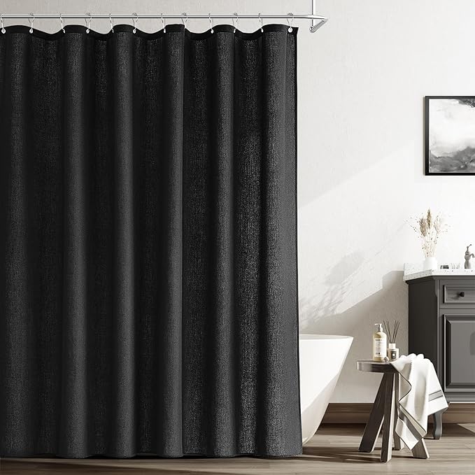 Naturoom Black Linen Shower Curtain Liner Neutral Weighted Cloth Fabric Textured Beige Farmhouse Rustic Burlap Country Style Shower Curtains for Bathroom,Black,72x78 Inches Length