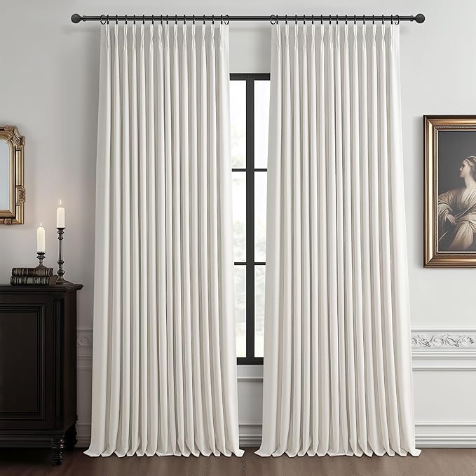 70 Inch Extra Wide Pinch Pleated Dual Layer Linen Living Room Curtains 102 Inches Long 2 Panels Set, Memory Trained Beige White Blackout Insulated Curtain with Back Tab Sliding Glass Door Viral Drapes