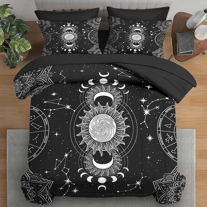 Comforter Set King Size, Sun Moon Tarot Vintage 7 Pcs Bedding for Kids and Adults, Boho Bohemian Retro Bed Sheet Sets with Fitted Sheet 2 Pillowcases & 2 Shams for Bedroom Bed Decor