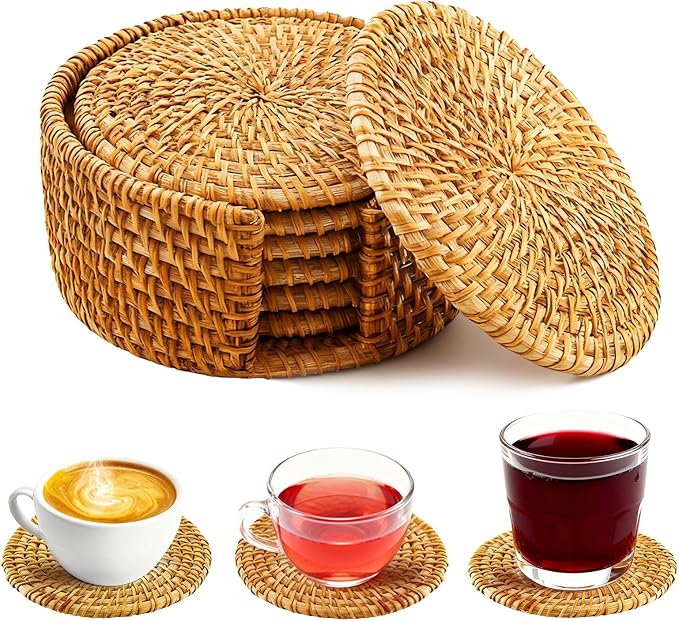 6Pcs Handmade Rattan Coasters with Holder -Woven Coasters for Drinks, Round Rattan Coaster, Rustic Farmhouse Wooden Coffee Table Decor, Kitchen, Dining Room, Housewarming Gift (Brown A)