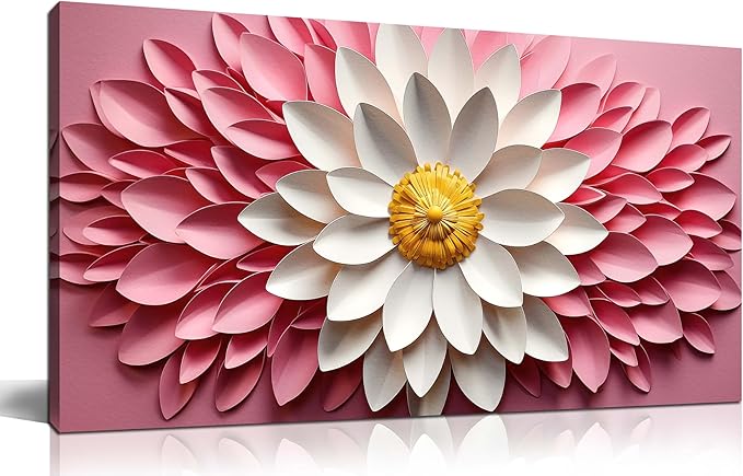 Ouzzlie Pink Wall Picture for Bedroom Flower Wall Decor White Canvas Wall Art Floral Artwork for Living Room Office 20" x 40"