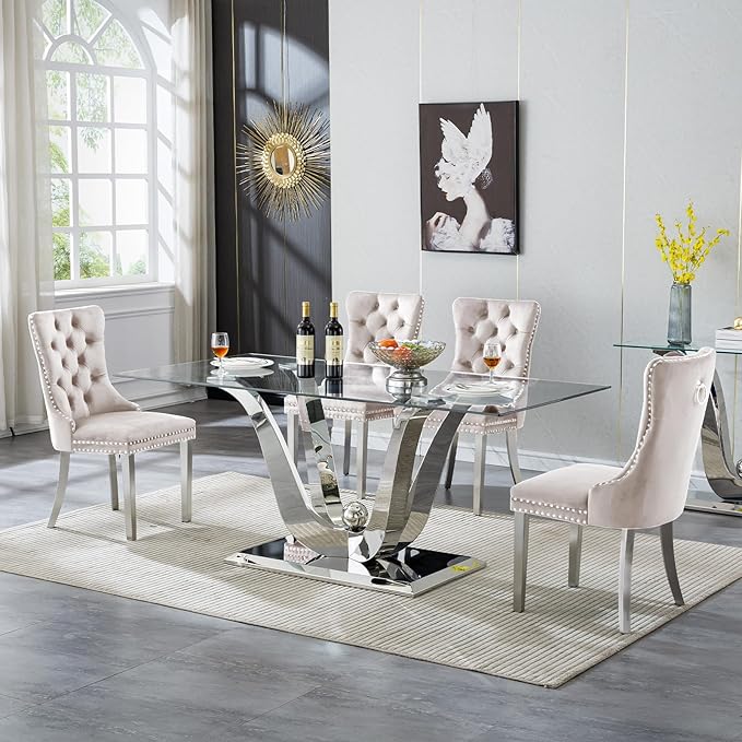 HomVent 70'' Glass Dining Table Set for 4, Modern Rectangle Glass Kitchen Table Set for 4, Kitchen Table and Chairs Set for 4 for Living Room,Kitchen