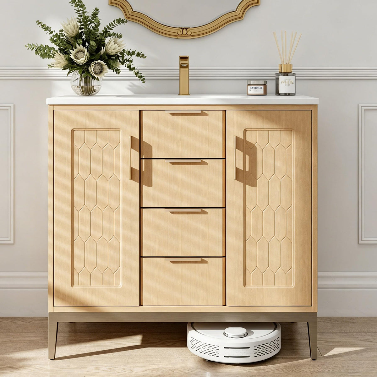 Hengwess 36 Inch Bathroom Vanity with Sink, Freestanding, Natural Wood