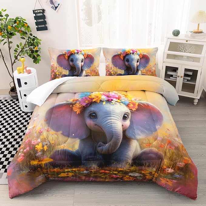 AILONEN Kids Cartoon Elephant Twin Size Comforter Set,Cute Animal Bedding Sets,Farm Flower Duvet Set,3 Pieces,1 Quilt and 2 Pillowcases,Microfiber