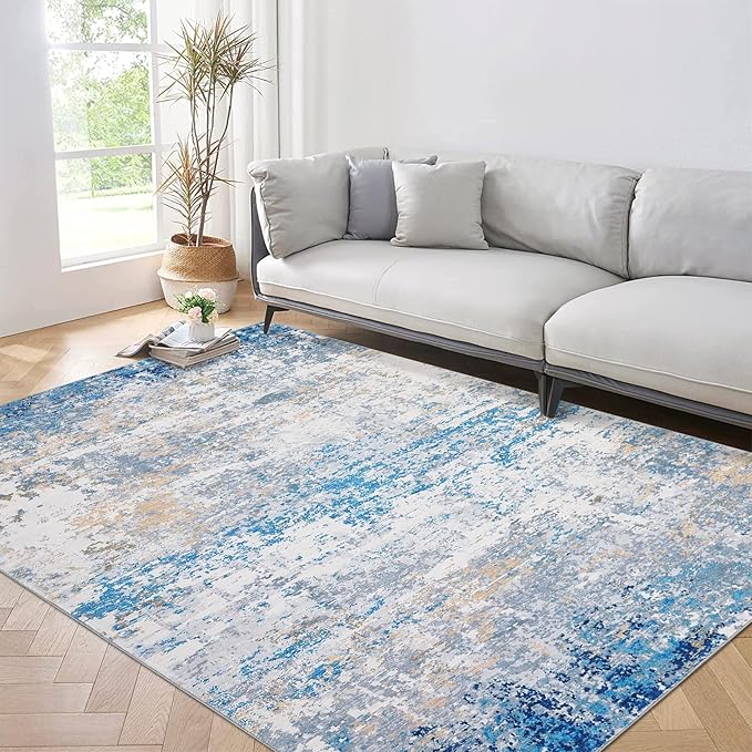 6x9 Modern Abstract Area Rug Non Slip Non Shedding Low Pile Stain Resistant Rug Soft Carpet for Bedroom Living Room, Blue/Grey