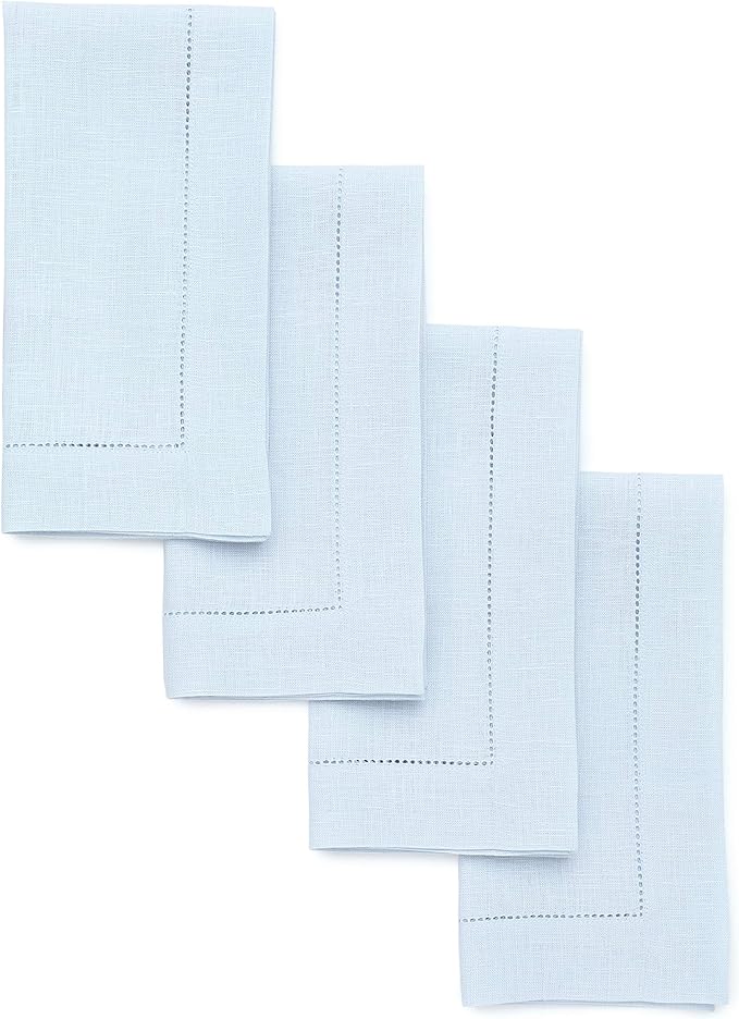 Solino Home Light Blue Linen Napkins Set of 4-100% Pure Linen Hemstitch Dinner Napkins 20 x 20 Inch for Christmas, Winter, New Year - Classic Hemstitch