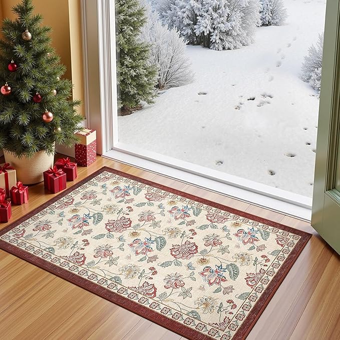 jinchan Elora 2x3 Floral Rug for Entryway Washable Kitchen Rug Vintage Romance Design Christmas Small Mat Non Slip Indoor Doormat Lightweight Low-Profile Throw Carpet for Entrance Bathroom, Red/Beige