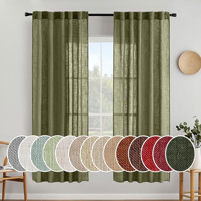 MIULEE Light Olive Green Linen Curtains 72 Inch Length 2 Panels for Bedroom Living Room, Soft Linen Textured Natural Window Drapes Semi Sheer Light Filtering Back Tab Rod Pocket Burlap Look Decor