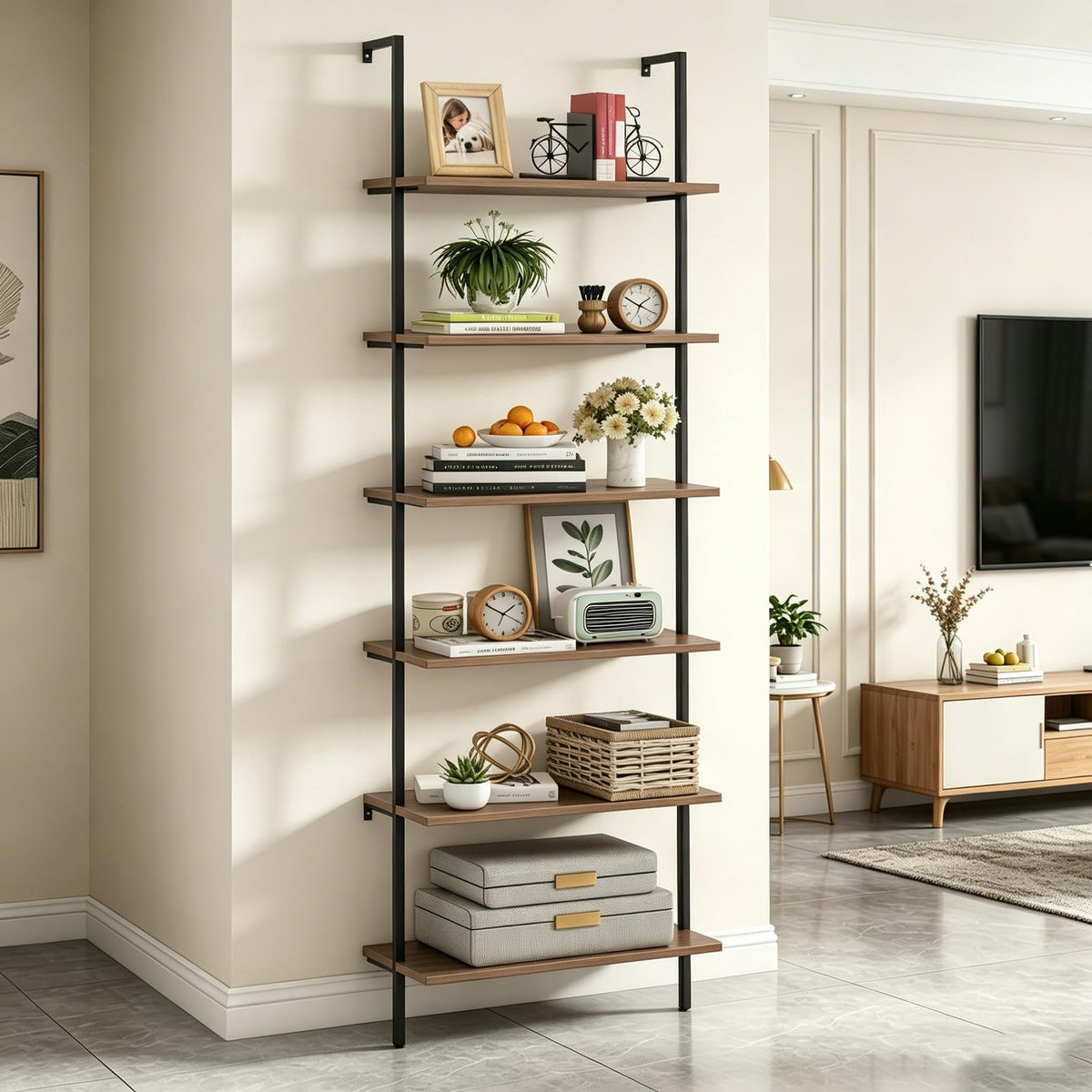Wolawu Ladder Shelf Black 6 Tiers Modern Bookshelf Room Organizer Open Tall Wall Mount Bookcase Standing Leaning Wall Shelves Industrial Decorative Living Room Bed Room (Brown)