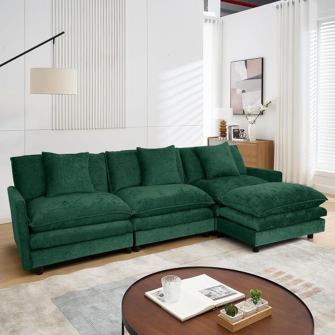 Modular Sectional Sofa,Modern Sofa Sleeper Couch,3 Seat & 1 Ottoman,Comfy Cloud Couches Soft Chenille Sofa Set with Movable Ottoman Deep Seat Sofa for Living Room (Green, L Shaped)