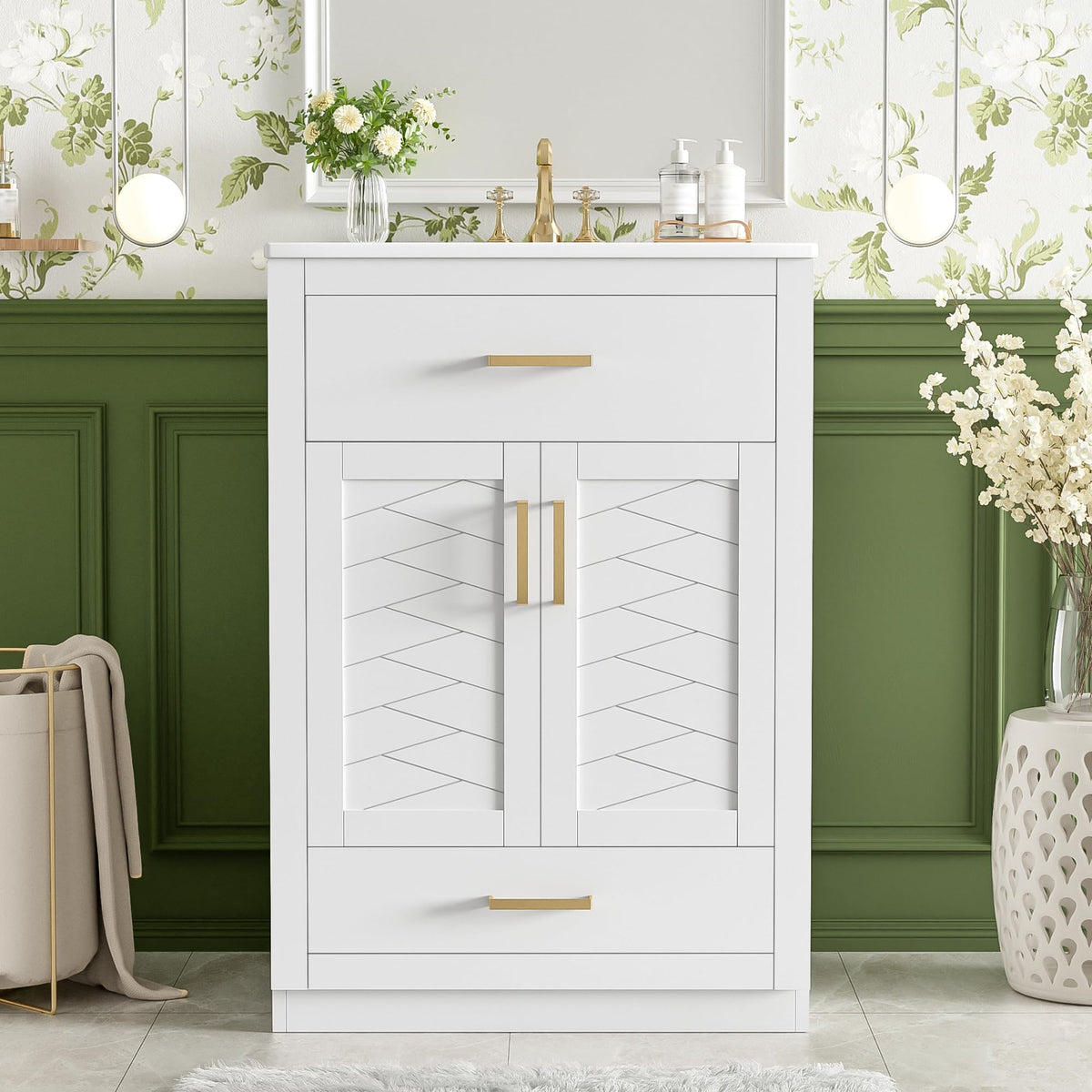 Merax Herringbone Single Sink Bathroom Vanity, Freestanding 24" Modern Bathroom Vanity Storage Cabinet with 2 Drawers and 2 Doors, Solid Wood Frame