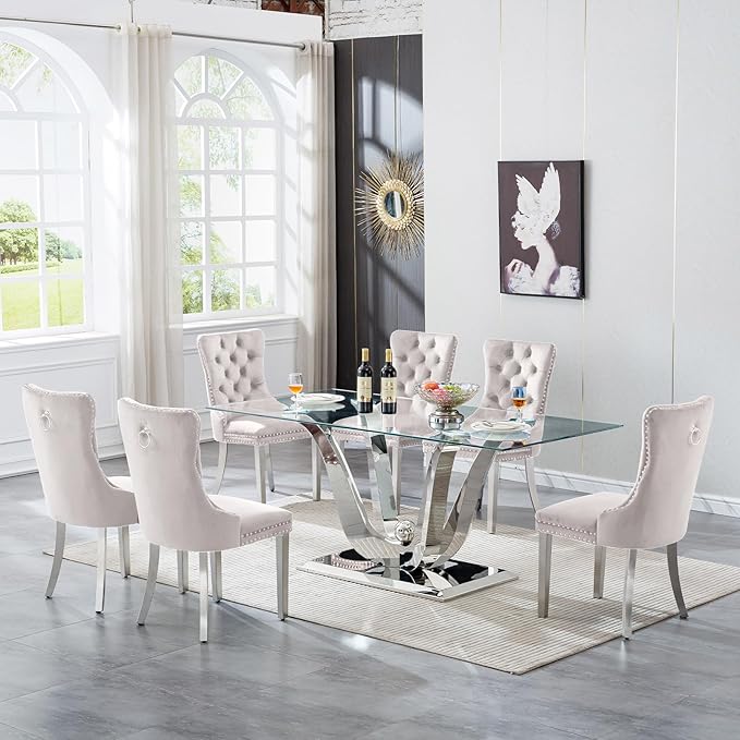 7-Piece Glass Dining Table Set w/6 Beige Upholstered Dining Chairs, 70in Rectangular Large Kitchen Table Set for 6, Glass and Silver Dining Table and Chair Set for 6