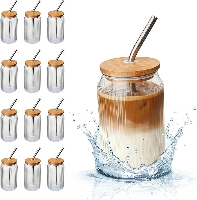 12 Packs Ribbed Glass Tumbler with Lid and Straw 16 oz Cute Ice Coffee Cup Set Bulk Vasos de Vidrio Con Tazas Para Cafe Cocina Accesorios Home Bar Accessories New Home House Warming Gift Kitchen Stuff