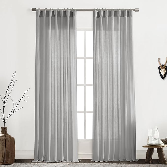 XTMYI Grey Curtains 108 Inches Long for Living Room 2 Panels Linen Back Tab Hooks Pleated Light Filtering Gray Sheer Curtains for Bedroom 108 Inch Length