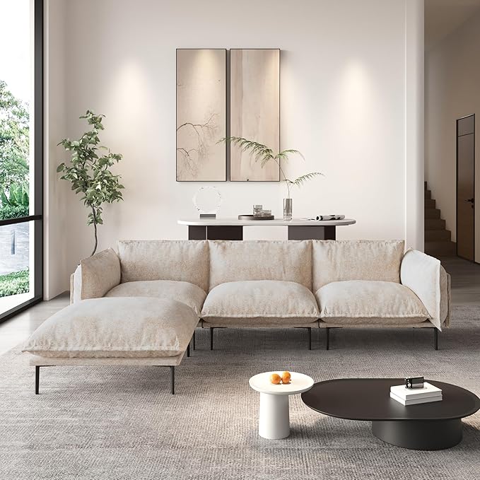 WJShome Velvet Modular Sectional Sofa with Chaise,111" 3-Seater Sofa with Ottomans L-Shaped Couch for Living Room, 8" High Metal Legs and Easy to Clean, Oatmeal