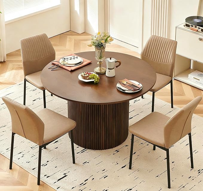 Dining Table Set for 4, 47" Wooden Round Kitchen Table with PU Leather Chairs for Kitchen Room and Small Spaces(Walnut Table + 4 Beige Chairs)
