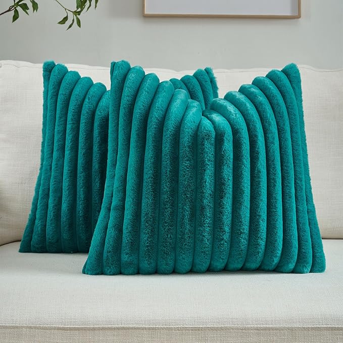 FUTEI Teal Green Throw Pillow Covers Set of 2, 26x26 Inch Striped Texture Euro Pillow Shams with Soft Faux Rabbit Fur Front & Velvet Back, Modern Decorative Couch Pillows for Living Room