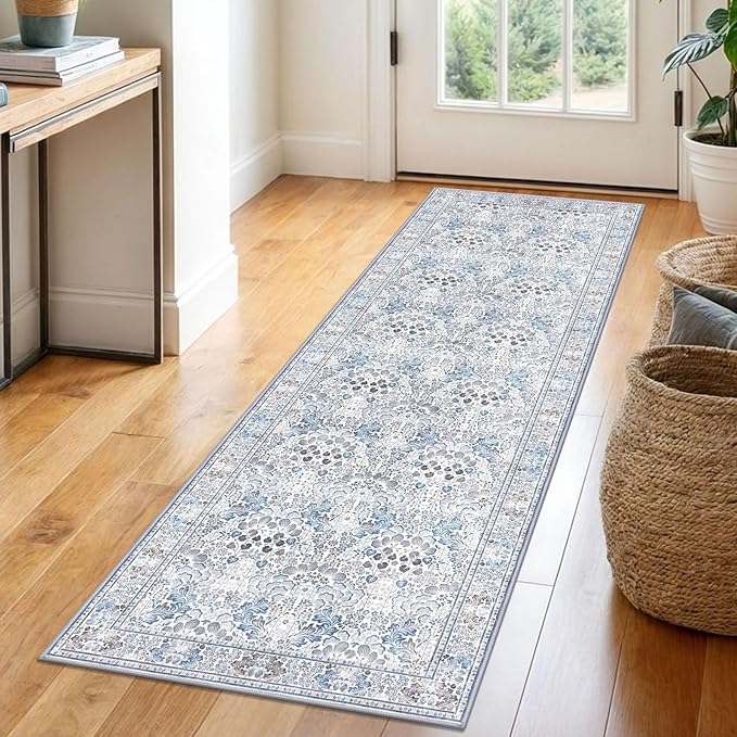 2x6 Washable Runner Rug for Hallways, Grey Blue Soft Floor Modern Kitchen Rugs with Non-Slip, Non-Shedding Boho Rug for Bedroom Kitchen Porch Laundry Entryway