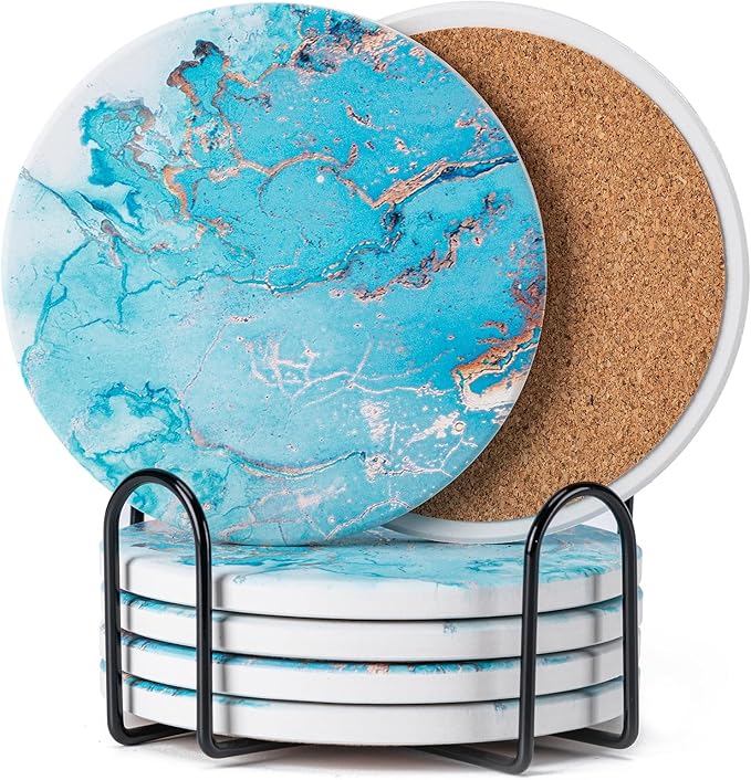 Hoewina 6Pcs Drink Coasters with Holder, Marble Style Ceramic Drink Coaster, Absorbent Coasters Set Suitable for Kinds of Cups, Modern Style Coasters for Coffee Table, 4 Inches（Ocean Style）