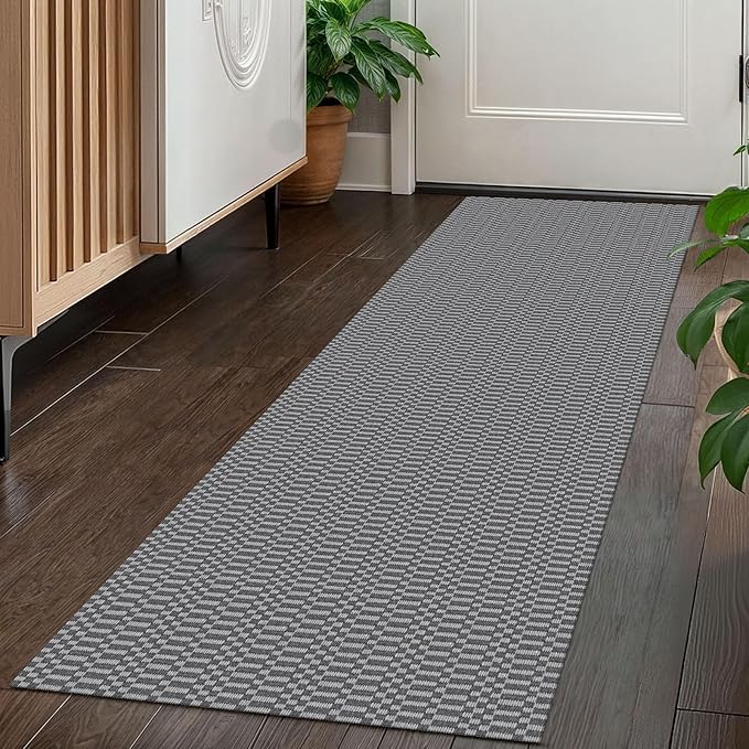 KOZYFLY Washable Runner Rug 2x5 Ft Runners for Hallways Throw Rug with Rubber Backing, Braided Cotton Entryway Runner Indoor, Carpet Runners for Hallway Kitchen Entryway Bedroom, Grey/Charcoal Grey