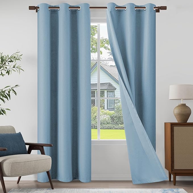 Light Weight Curtains 100% Blackout Linen Textured Curtains 96 Inch Length for Living Room, Bedroom, Full Blackout Curtains with Grommets Top, Light Blue, 37" W x 96" L, 2 Panels