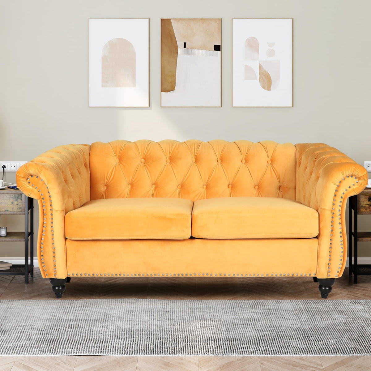 Velvet Loveseat, Chesterfield Love Seat Couch, 2 Seater Accent Sofa with Rolled Arms, Mid-Century Modern Love Seats Tufting Nailhead Trim for Living Room, Bedroom, Home Theater (Velvet, Yellow)