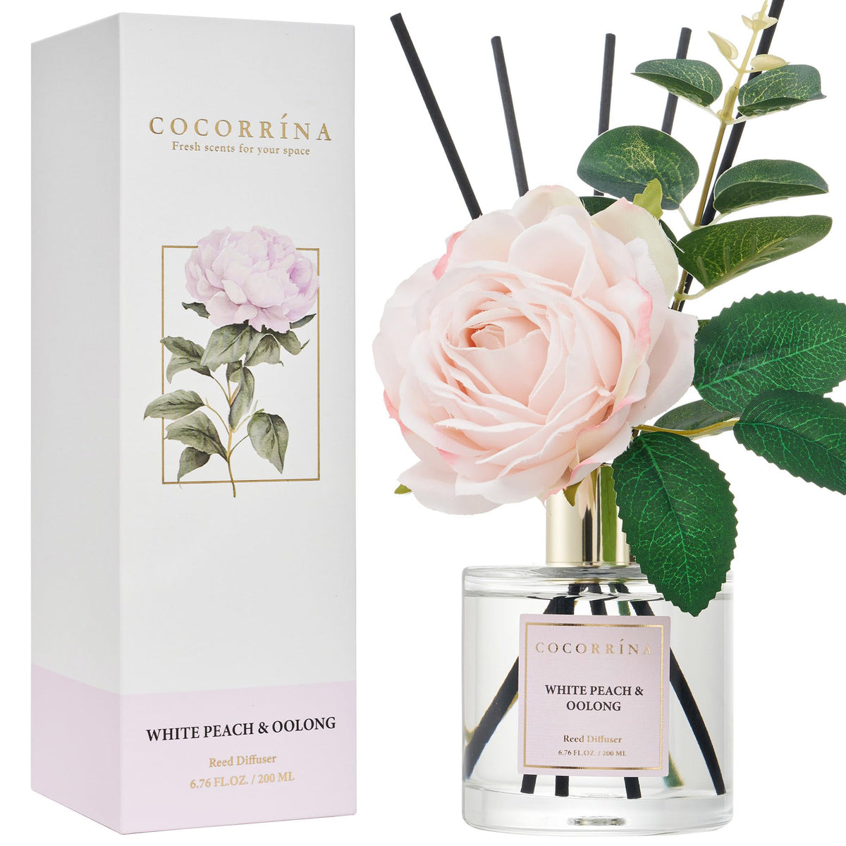 Cocorrína Flower Reed Diffuser - White Peach& Oolong 6.7oz Scented Diffuser with Sticks Home Fragrance Essential Oil for Bathroom Shelf Decor (Artificial Flower)
