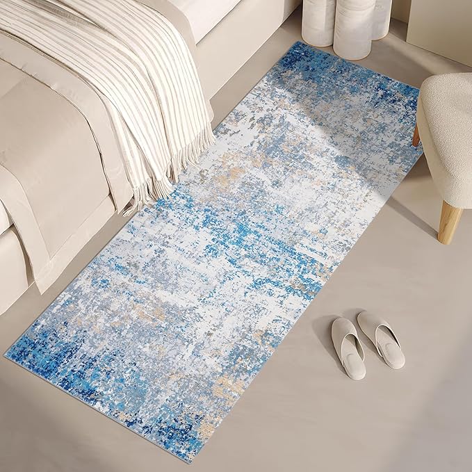 Modern Abstract Runner Rug 2x5 Washable Non Slip Stain Resistant Rug for Bedroom Living Room Non Shedding Low Pile Indoor Floor Cover,Blue/Grey