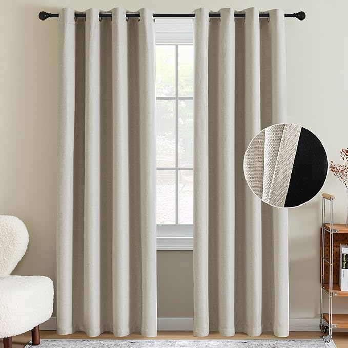H.VERSAILTEX 90% Blackout Linen Curtains 84 Inches Long for Bedroom/Living Room Thermal Insulated Grommet Curtain Drapes Primitive Textured Burlap Effect Window Drapes 1 Panel - Heather Natural/Black